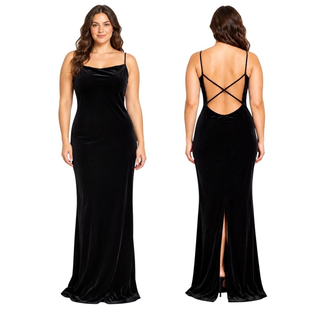 Vintage 90s Y2K Onyx Nite Black Velvet Maxi Slip Dress 14 Backless Whimsigoth